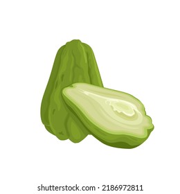 Vector illustration of whole and half chayote, scientific name Sechium edule, isolated on white background.