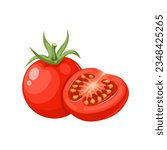 Vector illustration, whole and halved cherry tomatoes, isolated on white background.