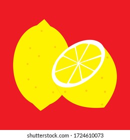 Vector illustration of a whole and halved lemon, isolated on red background