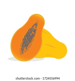 Vector illustration of a whole and halved papaya, isolated on white background