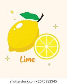 A vector illustration of a whole lemon and a lemon slice with a green leaf and has a shiny appearance