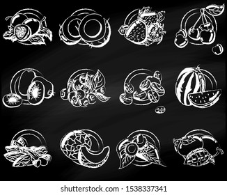 Vector illustration of a whole melon and a slice on a chalk board background.