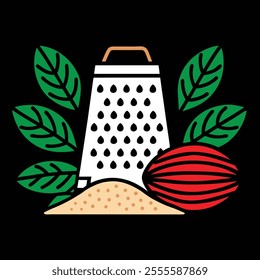 Vector illustration of whole nutmeg with a grater and a small mound of ground nutmeg, perfect for culinary and kitchen-themed designs. Ideal for food, spice, and cooking graphics.