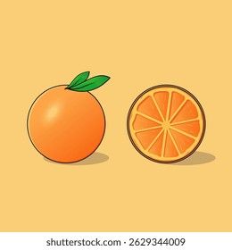 Ilustración vectorial de una fruta de naranja entera con hojas y una mitad de naranja en rodajas, perfecta para alimentos, salud, jugo y efectos visuales de temática cítrica.