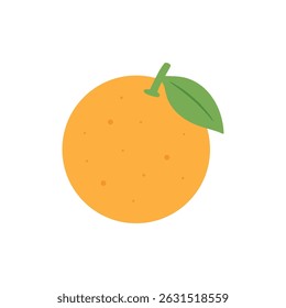 Vector illustration of a whole orange with a green leaf. Fresh citrus fruit icon, isolated on white background. Ideal for food-related designs, juice branding, and healthy eating visuals.