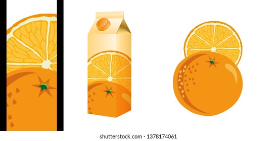 Vector illustration of a whole orange and a slice of orange, framed in close-up to decorate a fruit juice packaging.