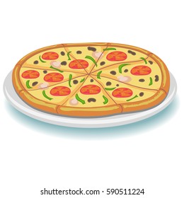Vector Illustration of Whole Pepperoni Pizza on Plate
