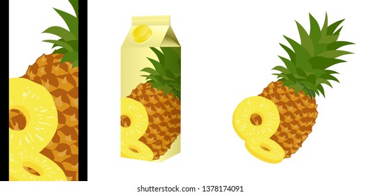 Vector illustration of a whole pineapple and two peeled slices, framed in close-up to decorate a fruit juice packaging.