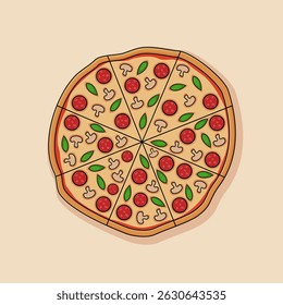 Ilustração vetorial de uma pizza inteira cortada em fatias com cogumelos, pepperoni e coberturas de manjericão, ideal para comida, cardápio ou cozinha italiana.