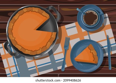 Vector illustration with whole pumpkin pie in frying pan and cut piece in blue plate, coffee in cup and saucer, fork, knife isolated on background with paper towel on wooden table.
