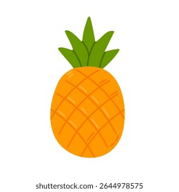 Vector illustration of a whole ripe pineapple with spiky green crown. Ideal for tropical food packaging, summer designs, recipe books, and healthy lifestyle content