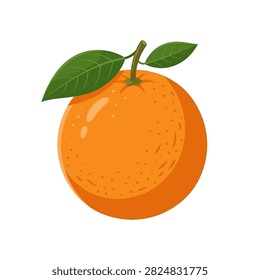 A vector illustration of a whole round orange fruit with a stem and two green leaves isolated on a white background