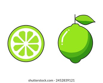 vector illustration of whole and sliced limes in a minimalist and flat style isolated in a white background