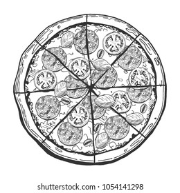 Vector illustration of a whole sliced pepperoni or salami pizza with tomatoes, olives and basil. Vintage hand drawn engraving style.