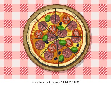 Vector illustration of a whole sliced pepperoni or salami pizza with tomatoes, olives and basil. Vintage hand drawn engraving style with color underlay. Plaid chequered tablecloth background.