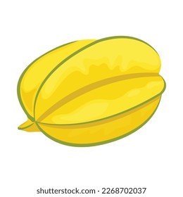 Vector illustration of whole star fruit, half and green leaf Isolated on a white background. Yellow and green carambola in cartoon flat style. Fresh starfruit used for poster, website, brochure,