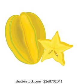 Vector illustration of whole star fruit, half and green leaf Isolated on a white background. Yellow and green carambola in cartoon flat style. Fresh starfruit used for poster, website, brochure,