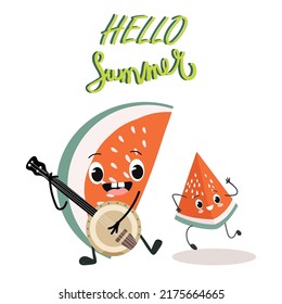 Vector illustration of a whole watermelon and a piece playing the banjo, a cartoon character, with the inscription Hello Summer. Summer time, summer mood, berries, organic. Cheerful watermelon.