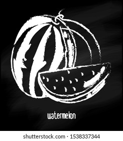 Vector illustration of a whole watermelon and a slice on a chalk board background.