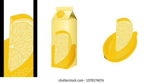 Vector illustration of a whole yellow lemon and a slice of this citrus fruit, framed in close-up to decorate a fruit juice packaging.