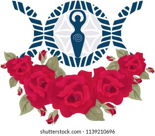 Vector Illustration for Wiccan community: Pagan triple moon goddess. Moon Triple Goddess roses flower altar icon.