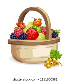 vector illustration of wicker basket with different types of berries