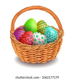 Vector illustration wicker basket with easter eggs