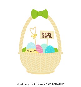 Vector illustration of wicker basket with eggs, cute baby chicken and green bow. Happy Easter flat vector illustration.