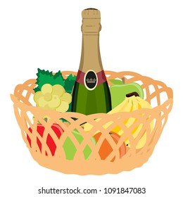 Vector illustration wicker basket with fruits banana, apple, pear, orange and champagne bottle isolated on white background. Fruit basket