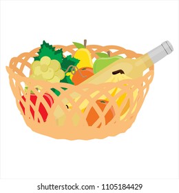 Vector illustration wicker basket with fruits banana, apple, pear, orange and white wine bottle isolated on white background. Fruit basket