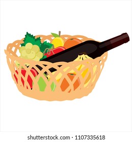 Vector illustration wicker basket with fruits banana, apple, pear, orange and bottle with red wine isolated on white background. Fruit basket
