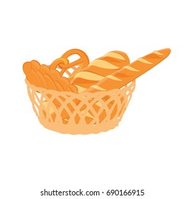 Vector illustration  wicker basket with full with bakery. Bread and buns