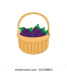 Vector illustration wicker basket icon, symbol isolated on white background. Wicker basket full with vegetables- eggplants