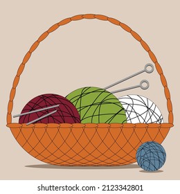 Ilustración vectorial - una cesta de mimbre con bolas redondas multicolores de hilos de lana y agujas de tejido aisladas. Concepto: hobby casero y tejido
