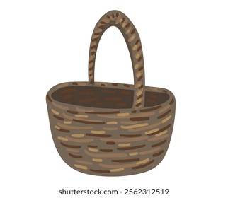 vector illustration with wicker basket on white isolated background. empty basket for mushrooms and berries.