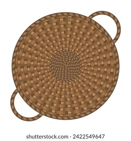 Vector illustration of a wicker basket top view. A basket with two handles, round, brown. View from above.