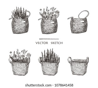 Vector illustration. Wicker baskets with flowers. Ethnic style vector sketch.