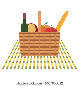 Vector illustration with wicker picnic basket with food and drink. Family picnic concept. Summer, spring barbecue, picnic background. Romantic dinner, lunch for lovers outdoors.