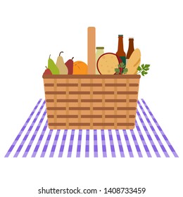 Vector illustration with wicker picnic basket with food and drink. Family picnic concept. Summer, spring barbecue, picnic background. Romantic dinner, lunch for lovers outdoors.