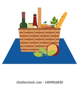 Vector illustration with wicker picnic basket with food and drink. Family picnic concept. Summer, spring barbecue, picnic background. Romantic dinner, lunch for lovers outdoors.