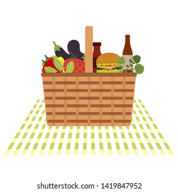 Vector illustration with wicker picnic basket with food and drink. Family picnic concept. Summer, spring barbecue, picnic background. Romantic dinner, lunch for lovers outdoors.