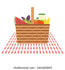 Vector illustration with wicker picnic basket with food and drink. Family picnic concept. Summer, spring barbecue, picnic background. Romantic dinner, lunch for lovers outdoors.