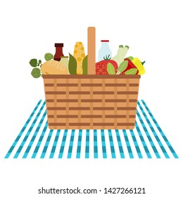 Vector illustration with wicker picnic basket with food and drink. Family picnic concept. Summer, spring barbecue, picnic background. Romantic dinner, lunch for lovers outdoors.
