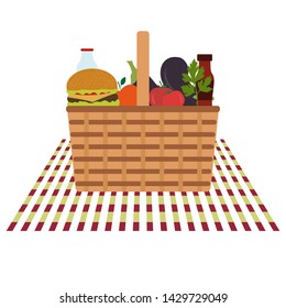 Vector illustration with wicker picnic basket with food and drink. Family picnic concept. Summer, spring barbecue, picnic background. Romantic dinner, lunch for lovers outdoors.