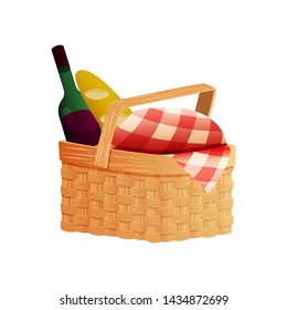 Vector illustration of a wicker picnic basket with a blanket. Isolated white background. Basket with food and drink. Flat style.