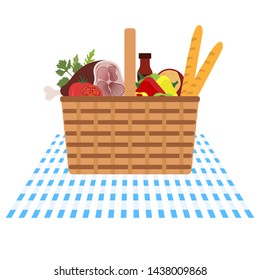 Vector illustration with wicker picnic basket with food. Family picnic concept. Summer, spring barbecue, picnic background. Romantic dinner, lunch for lovers outdoors.