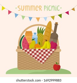 Vector illustration of a wicker picnic basket with a blanket. Basket with food, drinks and a garland of flags. Flat style. Isolated white background and text.