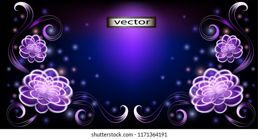 Vector illustration of a wide arrangement of flowers art object of effects of light on a black background glowing silhouettes of plants