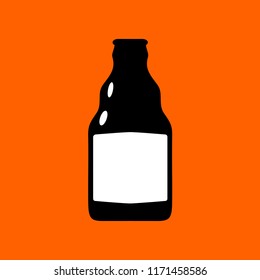 Vector illustration of wide beer bottle with wavy neck in black color with white square labels on orange background