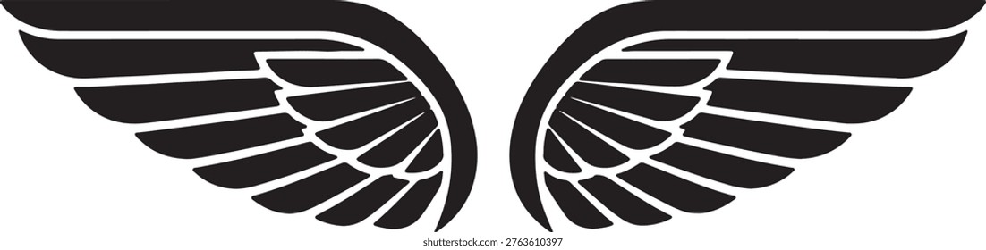 Vector illustration of wide black wings, fanned out with detailed feathers. Symbol of freedom, angels, and flight. Isolated on checkered background.